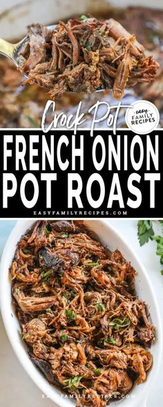 crock pot french onion pot roast in a white bowl with the title above it