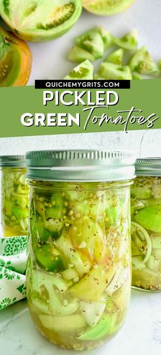 Several glass mason jars containing pickled green tomatoes. Pickled Green Tomatoes, Pickled Tomatoes, Green Tomato Recipes, How To Make Pickles, Fermented Veggies, Canning Recipe, Diy Easy Recipes, Refrigerator Pickles, Couple Cooking