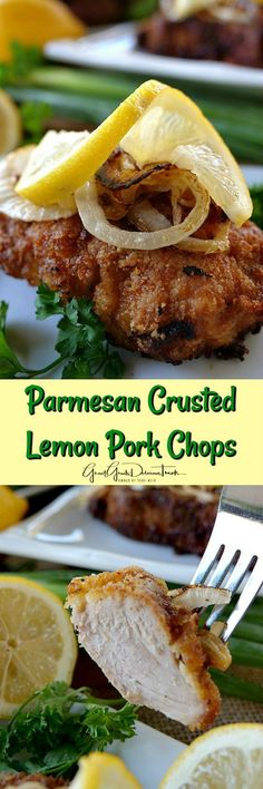 this is an image of parmesan crusted lemon pork chops