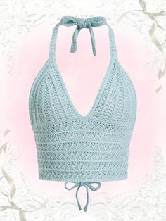 Mint Blue Casual Collar Sleeveless Fabric Plain  Embellished Slight Stretch  Women Clothing Pumpkin Patterns Free, Diy Crochet Top, Top Crop Tejido En Crochet, Crochet Crop Top Pattern, Crop Top Designs, Girls Crop Tops, Crochet Summer Tops, Crochet Halter, Crochet Halter Tops