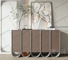 the sideboard is made out of metal tubes and has three vases on it