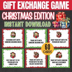 the christmas gift exchange game is shown with instructions to print out and play on it