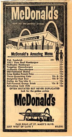 an advertisement for mcdonald's restaurant in the 1950's, with information about its menu