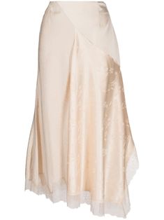 cream white satin finish floral patterned jacquard lace trim high-waisted concealed side zip fastening flared asymmetric hem mid-length Skirt Inspiration, Cream Skirt, Jacquard Skirt, Satin Midi Skirt, Floral Midi Skirt, Satin Skirt, Chiffon Skirt, White Satin, Skirt Pattern