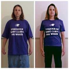 two women standing next to each other wearing t - shirts with words on the front