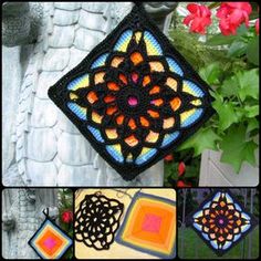 there are four pictures of different crocheted designs