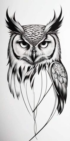 an owl with big eyes is shown in black and white ink on a sheet of paper