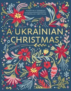 the cover of an illustrated christmas card with flowers and leaves in blue, red, yellow and