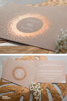 the wedding stationery is made with gold foil, and has a circular design on it