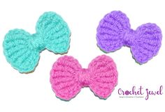 three crochet bows are shown in different colors