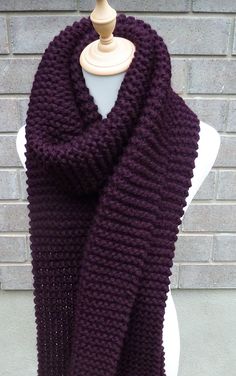 "This beautiful hand knitted scarf is made with super bulky Wool Blend Yarn (80% Acrylic, 20% Wool). The pattern  looks the same on both sides. The scarf can be worn in multiple ways. Amazing color for the fall/winter season. It goes with everything. The color may appear slightly different on different monitors. Measures: 81\" (205 cm) long x 10\" (26 cm) wide. From a smoke-free home. Care instructions: Hand wash in cool water and dry flat." Winter Knit Scarf Knitting Pattern, Knit Scarf Knitting Pattern For Winter, Winter Knitting Pattern For Scarf, Purple Knitted Winter Scarves, Cozy Knit Scarf Knitting Pattern, Cozy Knitting Pattern For Knit Scarf, Cold Weather Acrylic Yarn Knitting Pattern, Hand Knitted Acrylic Yarn Knitting Pattern For Cold Weather, Knit Acrylic Yarn Scarves