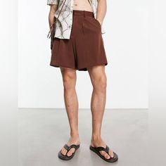 Nwt Asos Design Men’s Cropped Bermuda Shorts Size 36 Waist Sold Out Online Pockets And Belt Loops Retails $43 Brown Bermuda Bottoms For Summer, Summer Brown Bermuda Bottoms, Brown Shorts For Summer Workwear, Brown Summer Workwear Shorts, Denim Short Jumpsuit, Asos Sweater, Smart Shorts, Casual Chinos, Satin Shorts