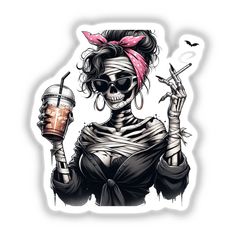 a sticker with a skeleton holding a drink in it's hand and wearing a pink bandana