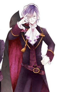 an anime character with purple hair wearing a long coat and holding a black umbrella over his shoulder