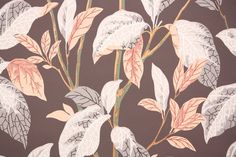 a wallpaper with flowers and leaves on it in grey, pink, orange and white colors