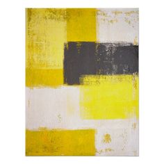 an abstract painting with yellow, black and white squares