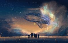 a group of people standing in front of a whale under a sky filled with stars