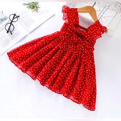 Girls Casual Belted Dress Red Sleeveless Dress For Summer, Chiffon Dresses With Ruffles For Dress-up, Polka Dot Summer Dress For Formal Occasions, Cute Swiss Dot Summer Dress, Cute Red Sleeveless Dress, Swiss Dot Sleeveless Party Dress, Sleeveless Swiss Dot Party Dress, New Dress For Girl, Red Bow Dress