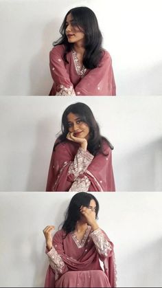 three pictures of a woman wearing a red dress and holding her hand to her face