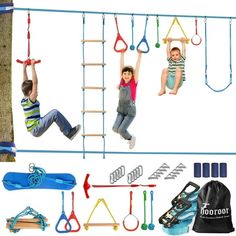 two children are playing on the swings and climbing bars set up with accessories for each child