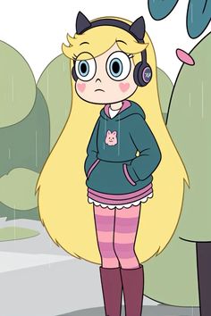 a cartoon girl with headphones standing in the rain