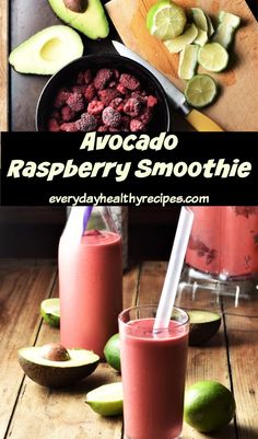 avocado raspberry smoothie recipe on a wooden table