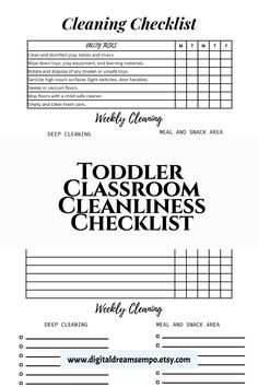 the cleaning checklist for toddler classroom cleanness checklist is shown in black and white