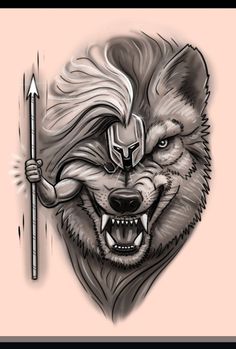 a wolf with an arrow in it's mouth and the face of a warrior