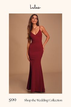 You'll be a thing of beauty and joy forever in the Lulus Infinite Glory Wine Red Maxi Dress! Sleek, stretch knit shapes this stunning dress with a darted, triangle bodice, adjustable straps, and maxi skirt with flaring mermaid hem. Scoop back with hidden zipper/clasp. Fit: This garment fits true to size. Length: Floor length. Size medium measures 56" from adjustable straps to hem. Bust: Works best for A to C cup sizes - consider sizing up for fuller bust. Waist: Fitted - very fitted at natural w Elegant Burgundy Dress With Spaghetti Straps, Burgundy Fitted V-neck Maxi Dress, Fitted Burgundy Prom Maxi Dress, Fitted Red Maxi Dress With Ruched Bodice, Fitted Burgundy Maxi Dress For Prom, Red Fitted Maxi Dress With Sweetheart Neckline, Fitted Burgundy Dress With Sweetheart Neckline, Burgundy Fitted Maxi Dress For Bridesmaids, Red Maxi Dress