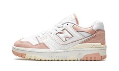 The Women’s New Balance 550 “Pink Sand” is a women’s-exclusive colorway of the retro basketball and lifestyle shoe with a two-tone, white-and-pink appearance.  The New Balance 550 was brought back by Aimé Leon Dore in 2020 when the New York based clothing company’s founder and lead designer Teddy Santis discovered the shoe in New Balance’s archives.  Here, the “Pink Sand” updates its vintage design with a white leather upper with Pink Sand-colored leather and suede overlays.  A white “N” logo with pink trim appears on both sides of the shoe.  Pink outline “550” branding is found on the forefoot.  Additional branding includes an “NB” logo on the heel, and retro-inspired “New Balance 550 USA” detailing on the tongue.  Underfoot, a chunky white rubber midsole is contrasted with a cream and pi New Balance 550 Pink, Teddy Santis, Sand Shoes, Adidas Sl 72, Pink Sea Salt, New Balance Womens, Flight Club, Shoe Wishlist, Sand Sea