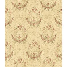 an old fashioned wallpaper with roses and swirls on the side, in cream