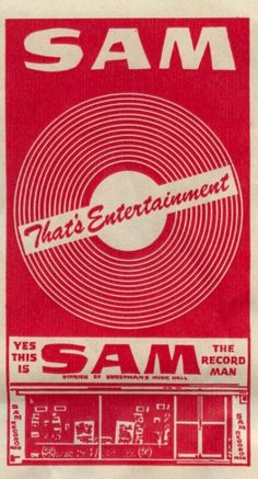 an advertisement for sam's entertainment in red and white with the words sam on it