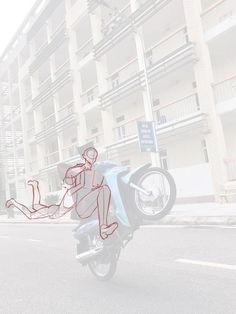 a drawing of a person riding a motorcycle on the street with buildings in the background