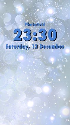 a blue and white clock with snow flakes in the background