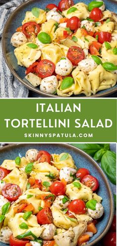 two plates filled with tortelli salad and one is topped with tomatoes, mozzarella