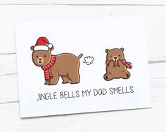 a card with two brown bears wearing christmas hats and scarfs, one is holding the other