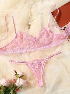 Pink Embroidered Lingerie Set Pretty Pink Lingerie, Pink Lingerielook, Lingerie Rosa, Pink Lace Lingerie, Lingerie Outfit Night, Black Lace Lingerie, Cute Lingerie, Pink Lingerie, Lingerie Costume