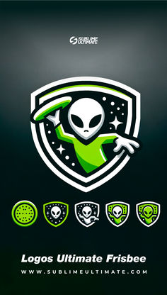 Un conjunto de logos de Sublime Ultimate con temática alienígena y espacial para equipos y jugadores de ultimate frisbee, mostrando un diseño de alien con un frisbee en varias poses dinámicas, contra un fondo oscuro con detalles en verde neón. Boys T Shirts, Join Us, ? Logo, T Shirt, Design, Art