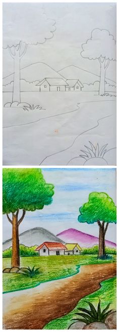 two pictures with trees and houses in the background, one is colored pencils on paper