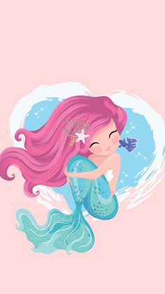 a little mermaid with pink hair sitting on top of the ocean waves and holding a starfish