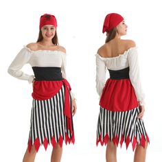 a woman wearing a pirate costume standing in front of a white background