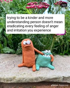 two stuffed animals sitting next to each other on top of a rock with the caption saying, trying to be a kinder and more understanding person doesn't