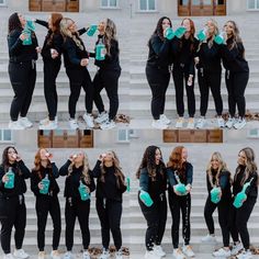 several photos of women standing in front of stairs and holding coffee mugs with their mouths open