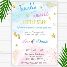 the twinkle twinkle little star baby shower party is shown with palm leaves and greenery