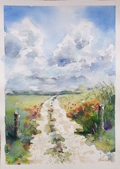 a watercolor painting of a dirt road in the middle of a field with flowers