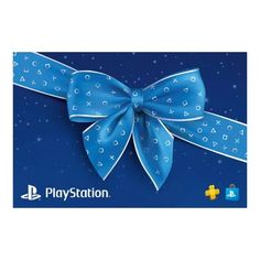 a blue ribbon with white letters on it and a bow in the middle, that says playstation