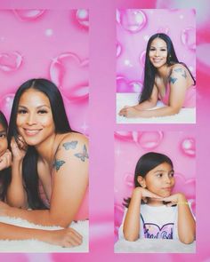 two beautiful young women laying next to each other on top of a pink background with bubbles