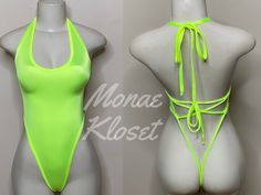 Welcome to my shop Let's Make Money Together 💕 DETAILS  * Handmade Item  * Materials: Spandex * Never used  DESCRIPTION  *  Full Tie Back Thong Bodysuit  *  Neon Yellow Trim * 4 way stretch Fabric  * Mannequin is wearing small only size available  SHIPPING  My current shipping turnaround is really quick 1 to 2 days  RETURNS & EXCHANGES  No refunds or exchanges if you have any issues with your purchase please feel free to reach me personally. I can accommodate on your next order of change a sizi Fabric Mannequin, Chloe Outfit, Neon Bodysuit, Pole Clothes, Club Attire, Pole Wear, Trendy Swimsuits, Yellow Trim, 4 Way Stretch Fabric