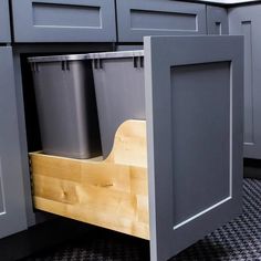 two trash cans are in the bottom drawer of a kitchen cabinet