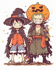 two cartoon characters dressed as witches and pumpkins